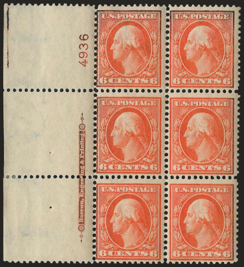 6c Red Orange (336).> Left imprint and plate no. 4936 block of six with wide selvage, stamps Mint N.H., small h.r. in selvage where few perf separations sensibly reinforced, some slight oxidation, otherwise
Fine
