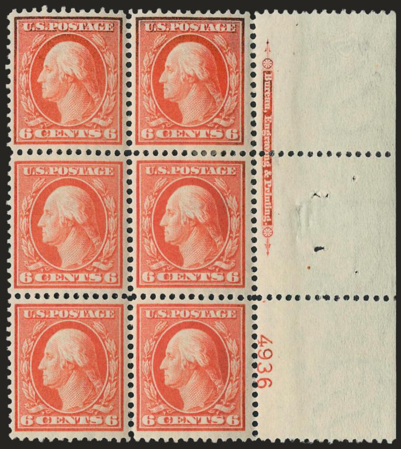 6c Red Orange (336).> Right imprint and plate no. 4936 block of six with wide selvage, four stamps Mint N.H., top right and center right stamps small h.r., bright color except where oxidized at top,
well-balanced margins, Very Fine-Extremely Fine