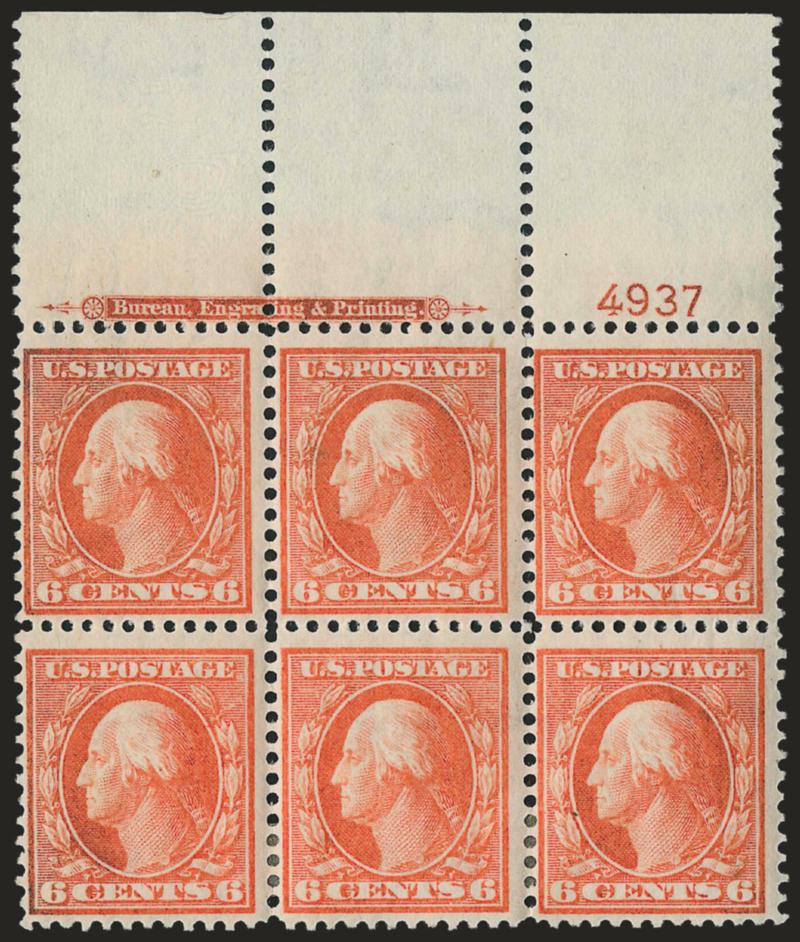 6c Red Orange (336).> Two items, top and bottom imprint and plate no. 4937 blocks of six, top with wide selvage, few stamps h.r. incl. two stamps with small piece of scotch tape on bottom block, bottom block
with perf separations and oxidation, other