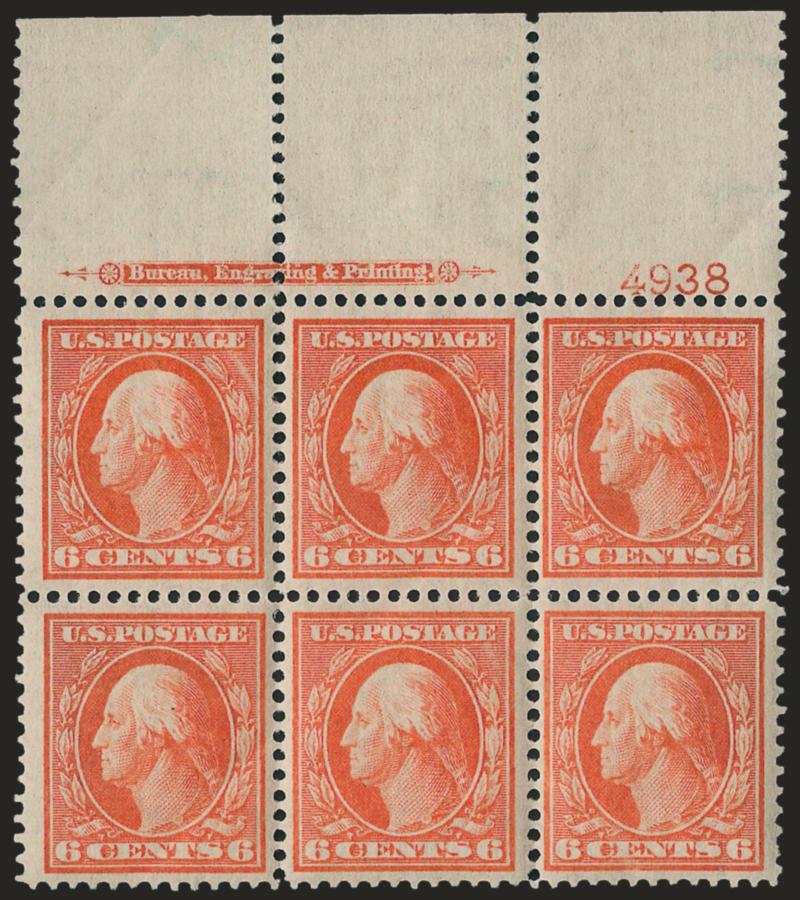 6c Red Orange (336).> Mint N.H. top imprint and plate no. 4938 block of six with wide selvage, brilliant color, diagonal gum crease affects four stamps, otherwise Very Fine