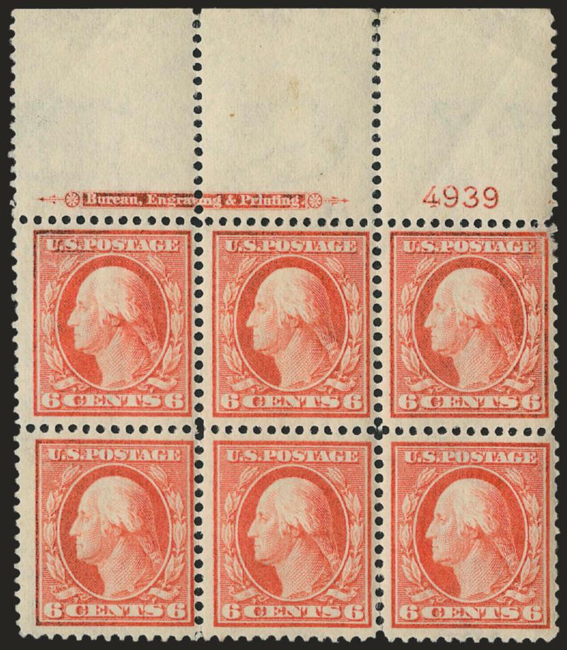 6c Red Orange (336).> Matched set of four imprint and plate no. 4939 blocks of six, couple stamps Mint N.H., natural gum bends, couple small flaws incl. top plate with perf flaw at top right, Fine-Very Fine
appearance
