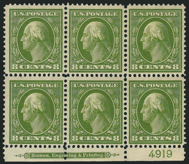 8c Olive Green (337).> Two items, bottom and left imprint and plate no. 4919 blocks of six, former Mint N.H. but with slightly short gum at bottom center, bright colors, Fine-Very Fine