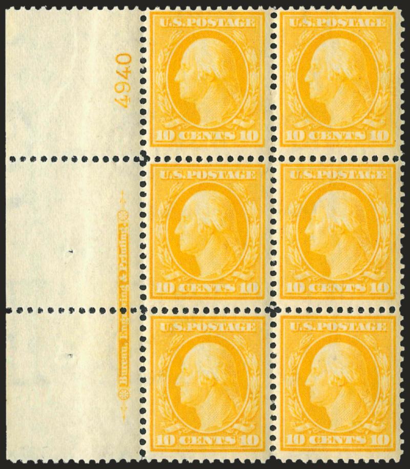 10c Yellow (338).> Mint N.H. left imprint and plate no. 4940 block of six, radiant color, few trivial natural inclusions, Fine-Very Fine