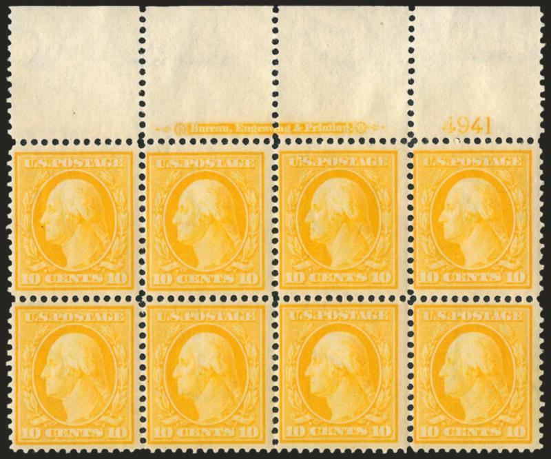10c Yellow (338).> Mint N.H. top imprint and plate no. 4941 block of eight, intense shade, Fine-Very Fine