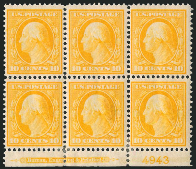 10c Yellow (338).> Bottom imprint and plate no. 4943 block of six, lightly hinged except small h.r. at bottom, top left stamp Mint N.H., vibrant color, Very Fine