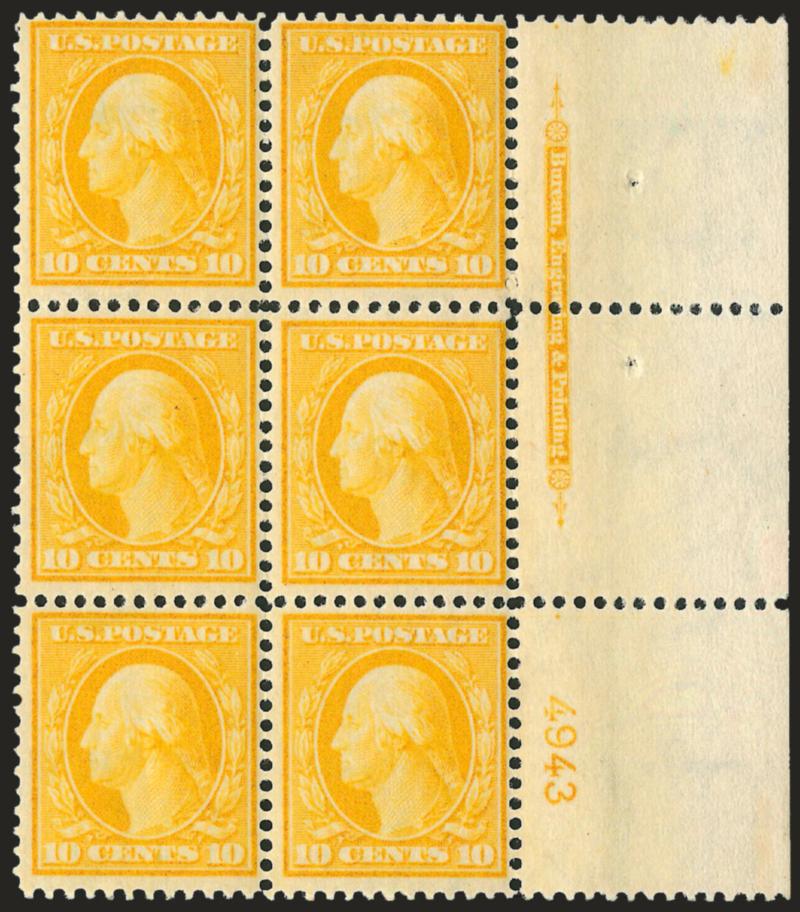 10c Yellow (338).> Right imprint and plate no. 4943 block of six with wide selvage, lightly hinged where few perf separations expertly reinforced, bright color, Fine-Very Fine