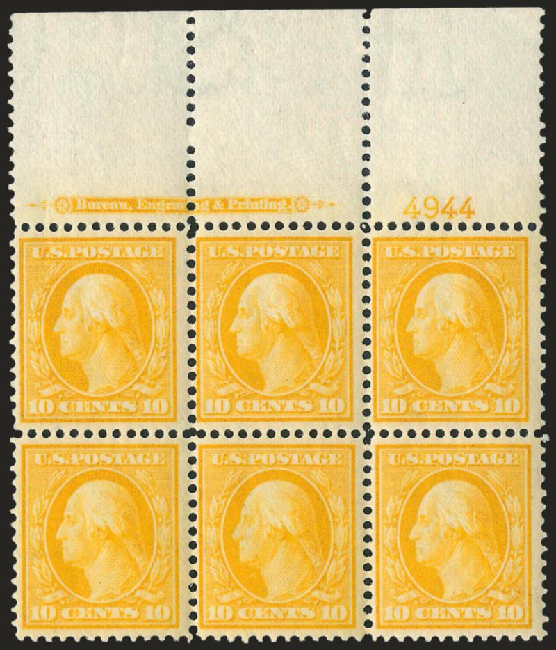 10c Yellow (338).> Mint H.H. top imprint and plate no. 4944 block of six with wide selvage, bright color, Fine