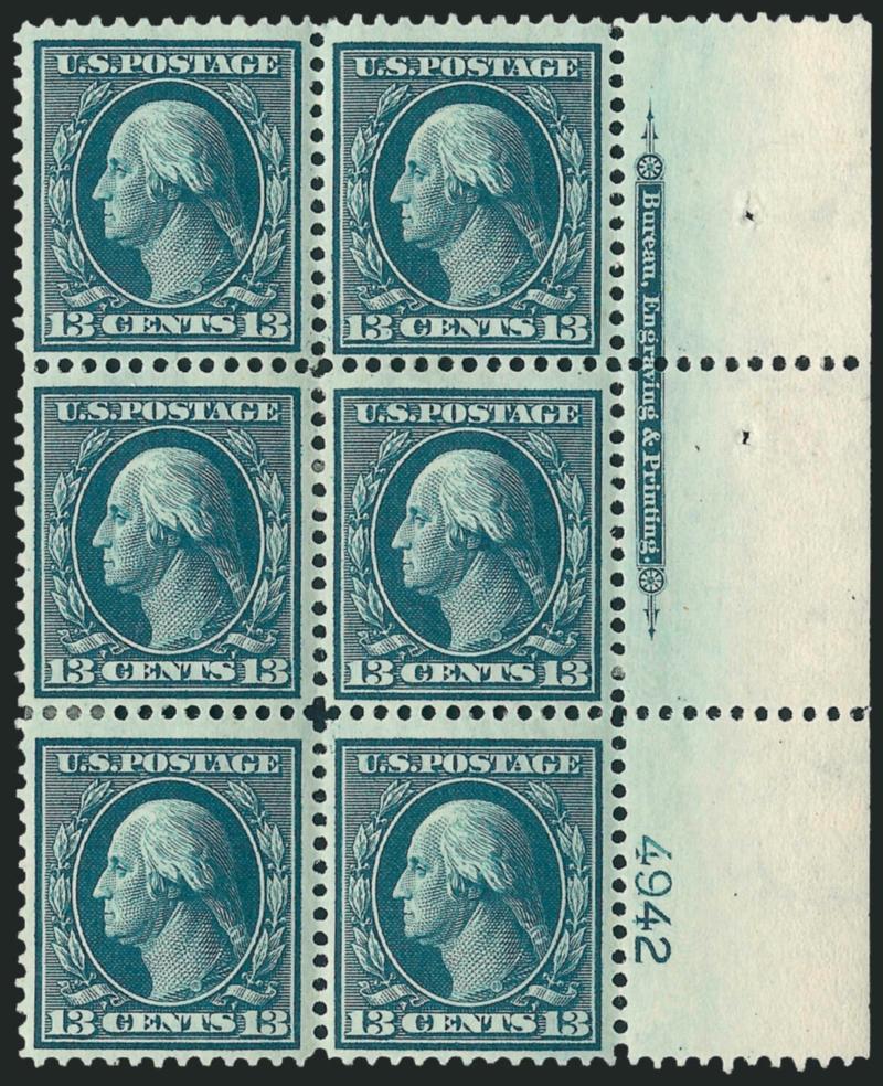 13c Blue Green (339).> Two items, left and right imprint and plate no. 4942 blocks of six, first appears Mint N.H. but with few perf separations, second with few small h.r., rich color, Fine-Very Fine