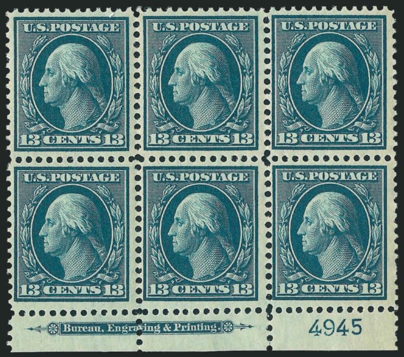 13c Blue Green (339).> Mint N.H. bottom imprint and plate no. 4945 block of six, intense shade and impression, fresh and Fine-Very Fine