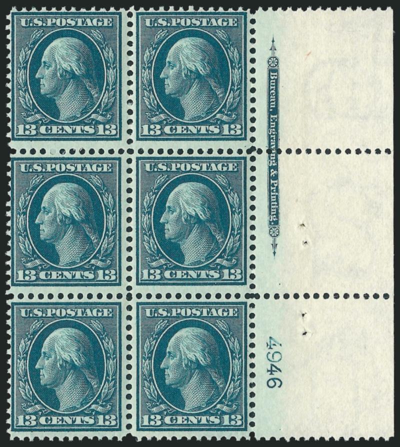 13c Blue Green (339).> Mint N.H. right imprint and plate no. 4946 block of six with wide selvage, deep rich color, fresh and Fine
