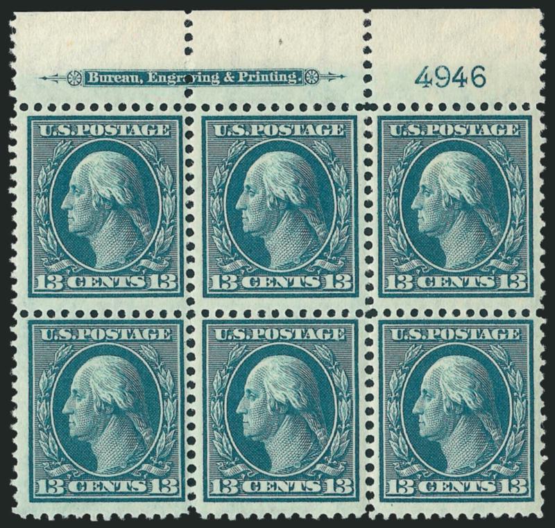13c Blue Green (339).> Three items, top, bottom and left imprint and plate no. 4946 blocks of six, bright colors, few sensibly rejoined perf separations, left with thin spot affecting top left stamp and
selvage, otherwise Fine-Very Fine