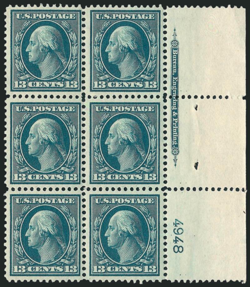 13c Blue Green (339).> Mint N.H. right imprint and plate no. 4948 block of six with wide selvage, bright shade, crisp impression, fresh and Very Fine, the bottom right stamp is a Gem
