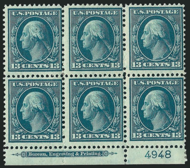 13c Blue Green (339).> Two items, top and bottom imprint and plate no. 4948 blocks of six, top with wide selvage and lightly hinged, bottom h.r., Fine