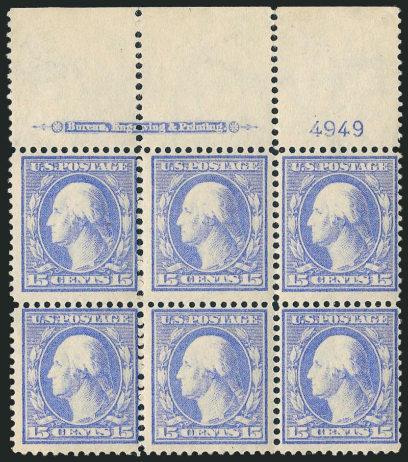 15c Pale Ultramarine (340).> Mint N.H. top imprint and plate no. 4949 block of six with wide selvage, bright color on crisp paper, fresh and Fine