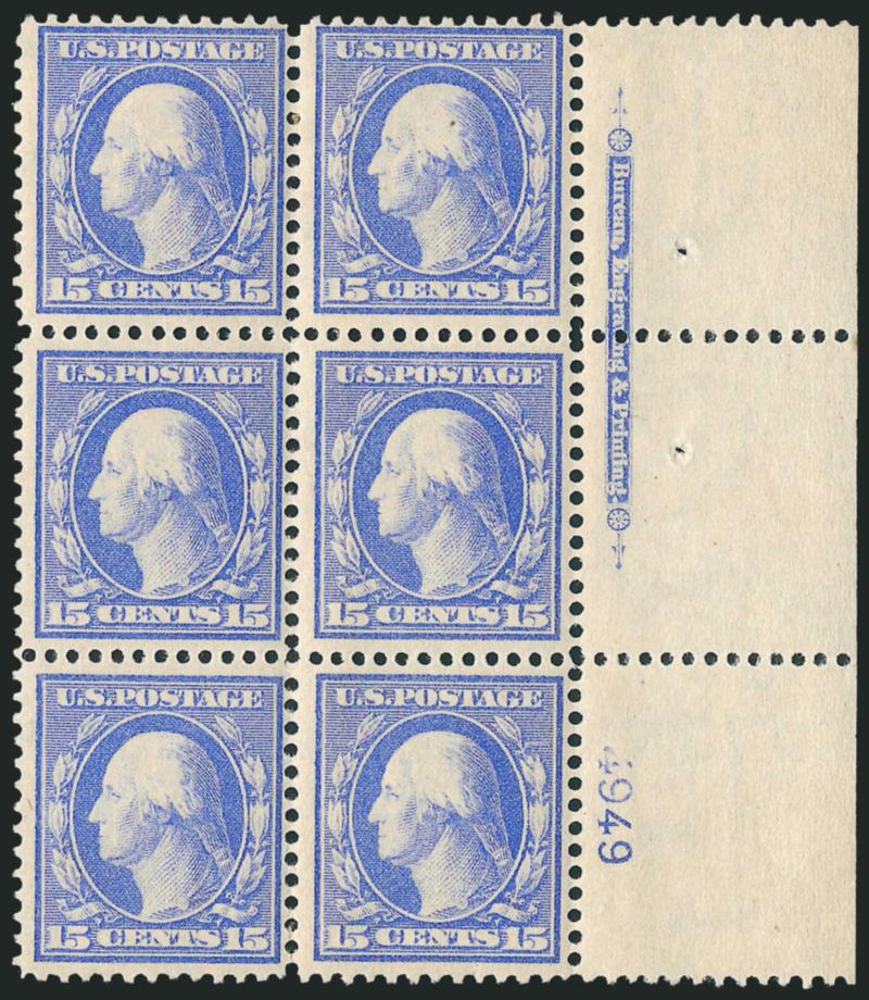15c Pale Ultramarine (340).> Two items, right and bottom imprint and plate no. 4949 blocks of six, several stamps Mint N.H., right stamps in right block some glazing, bright color, Fine-Very Fine