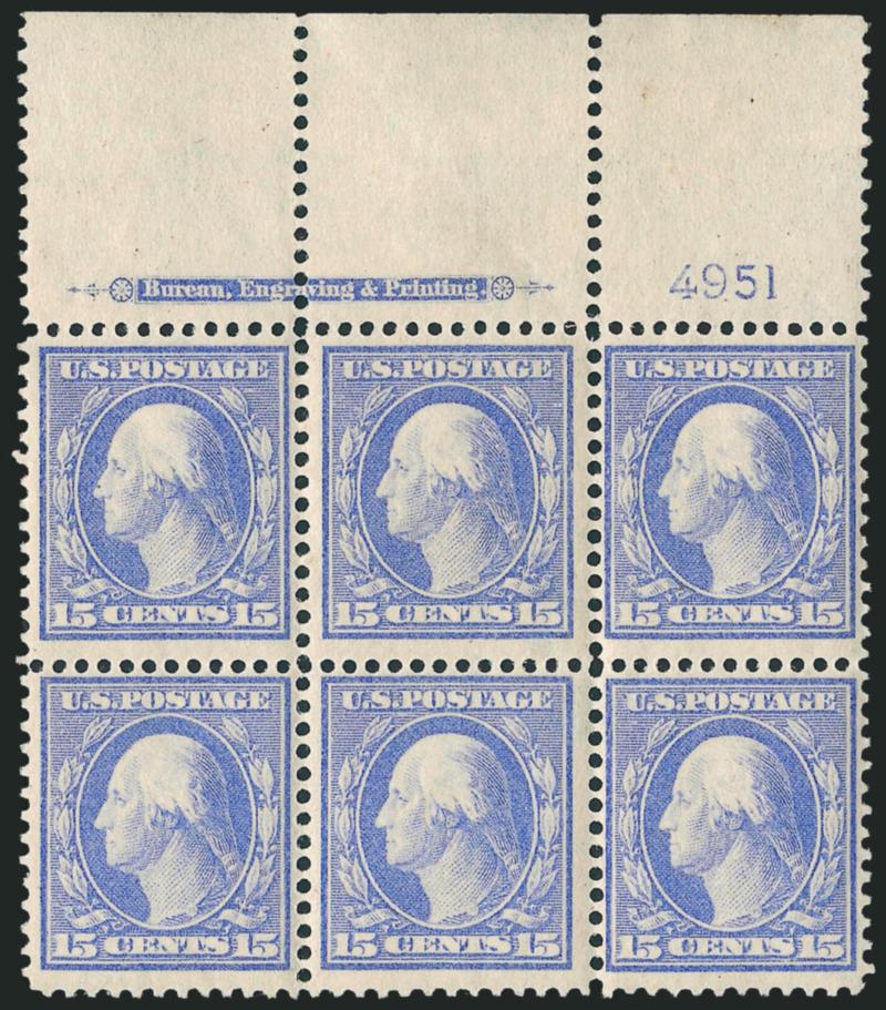 15c Pale Ultramarine (340).> Two items, top and bottom imprint and plate no. 4951 blocks of six, first with wide selvage and stamps Mint N.H., second barely hinged, fresh and Fine