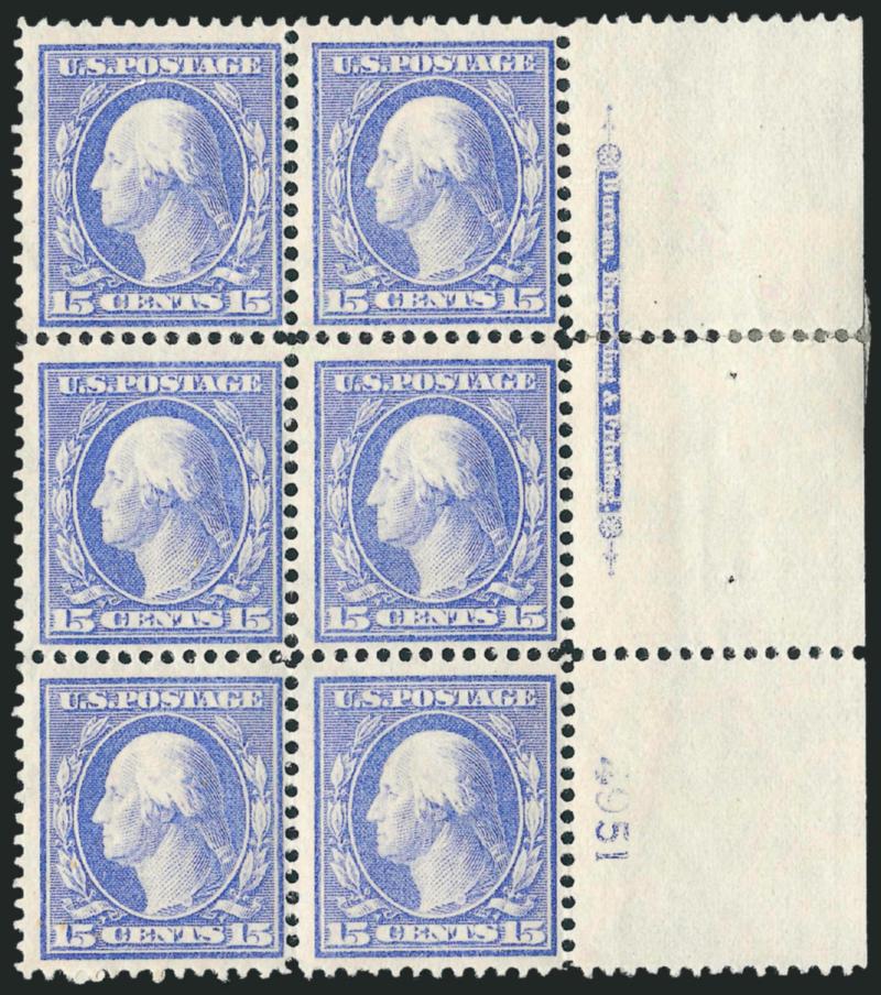 15c Pale Ultramarine (340).> Two items, left and right imprint and plate no. 4951 blocks of six, first with stamps Mint N.H. and small h.r. in selvage, second with four stamps Mint N.H. and h.r. in selvage
reinforcing some perf separations, light nat