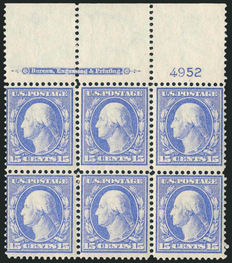 15c Pale Ultramarine (340).> Mint N.H. top imprint and plate no. 4952 block of six with wide selvage, radiant color, fresh and Fine
