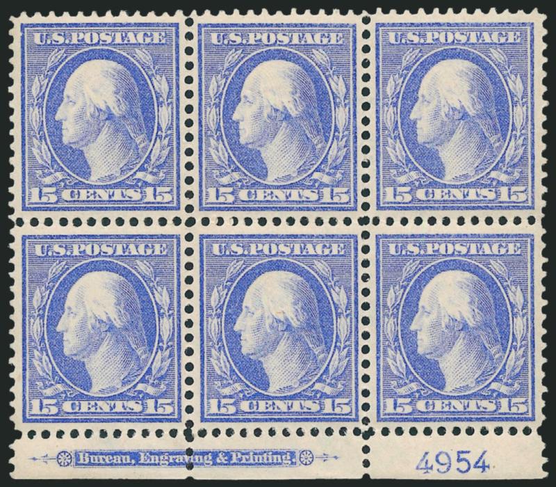 15c Pale Ultramarine (340).> Mint N.H. bottom imprint and plate no. 4954 block of six, brilliant color, detailed impression, well-proportioned margins, pencil notation in selvage, Extremely Fine