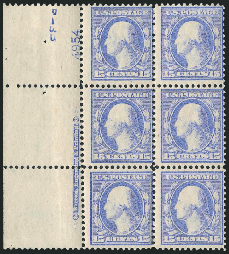 15c Pale Ultramarine (340).> Mint N.H. left imprint and plate no. 4954 block of six with wide selvage, bright shade, Very Good-Fine