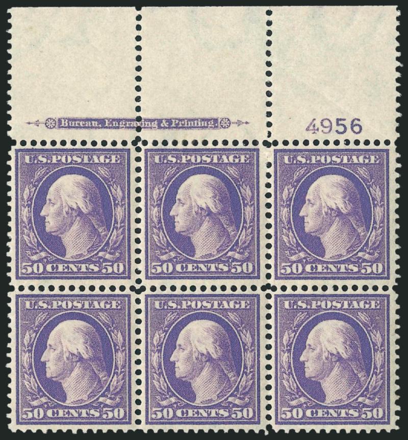 50c Violet (341).> Top imprint and plate no. 4956 block of six with wide selvage, single hinge mark at top center, other five stamps Mint N.H., bottom left stamp tiny natural gum skip, light diagonal crease in
selvage<><>^VERY FINE AND CHOICE. A SC