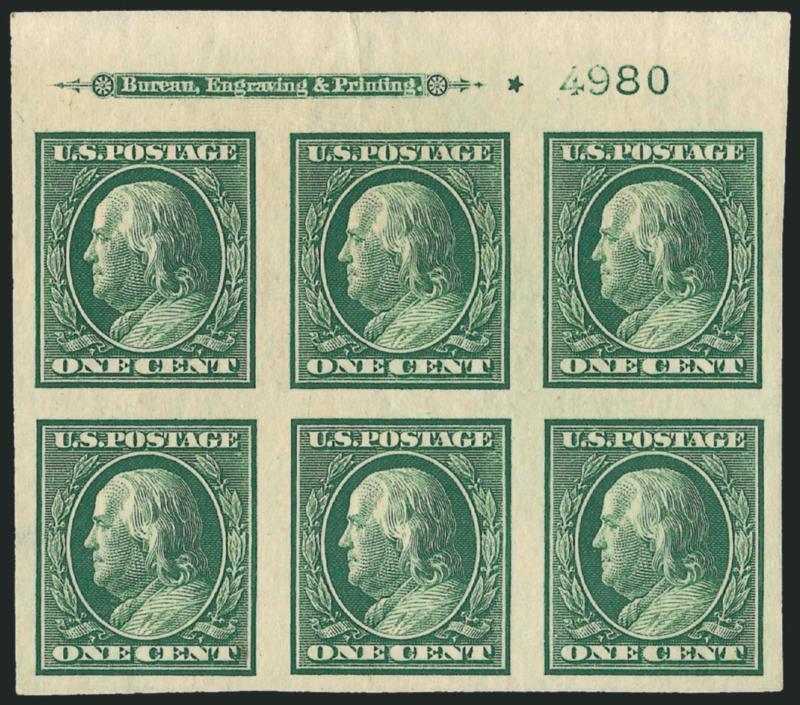 1c Green, Imperforate (343).> Top imprint, plate no. 4980 and small solid star block of six, barely hinged, huge margins all around, intense shade and impression, Extremely Fine