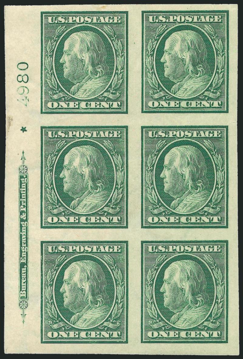 1c Green, Imperforate (343).> Left imprint, plate no. 4980 and small solid star block of six, bottom stamps Mint N.H., large to huge margins, bright shade, Extremely Fine