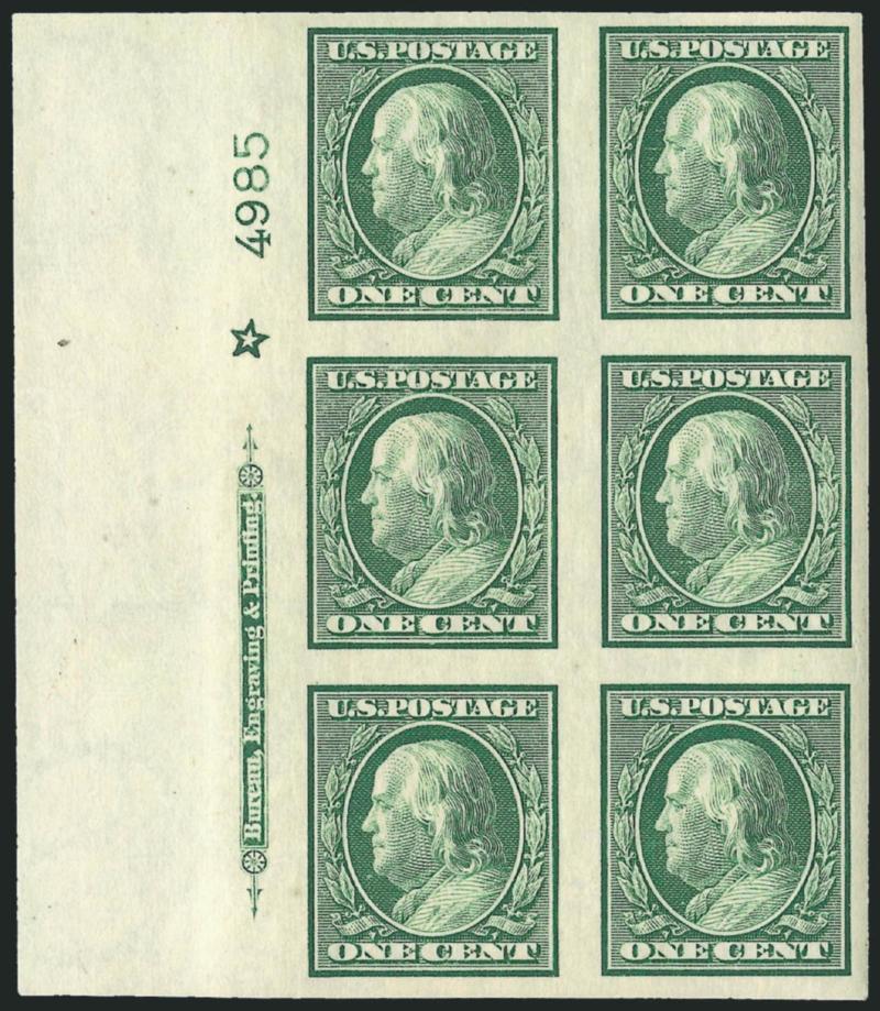 1c Green, Imperforate (343).> Ten Mint N.H. imprint, plate no. and star blocks of six, plate nos. 4985 (top, bottom and left), 4989 (top and right), 5003 (top and left) and 5004 (top, left and right), large
margins to clear, bright colors, Fine-Very