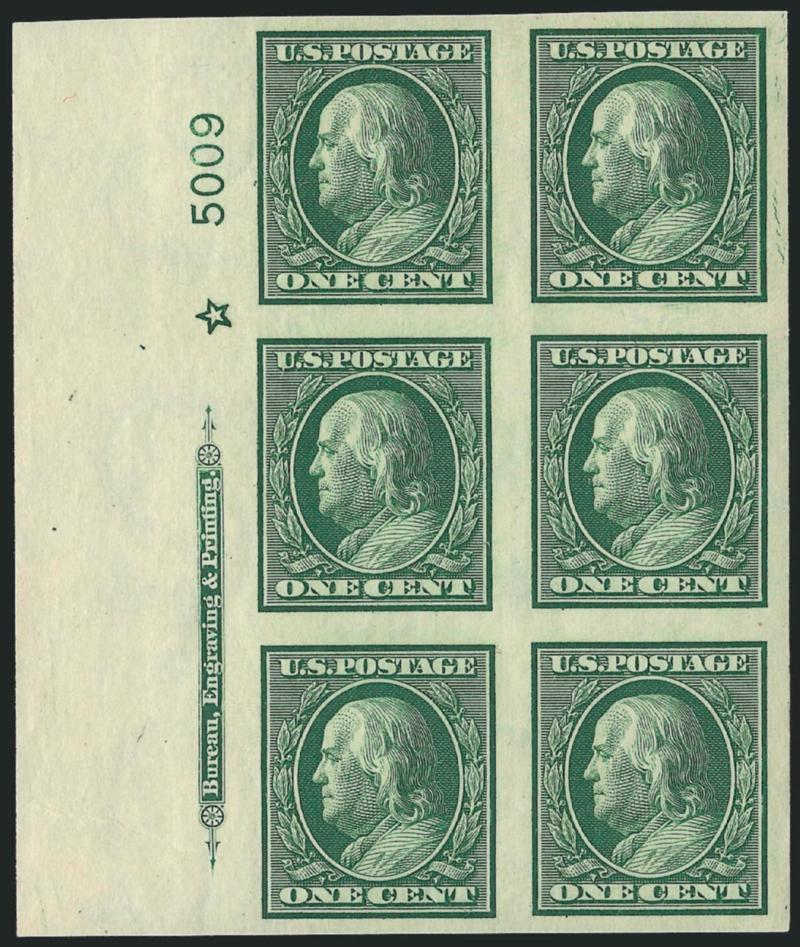 1c Green, Imperforate (343).> 21 imprint, plate no. and star blocks of six, plate nos. 4985, 4989 (left and bottom), 5009, 5011 (left and right), 5014, 5024, 5084 (left, right and bottom), 5152, 5159 (top,
bottom and right), 5162 (both sides) and 516
