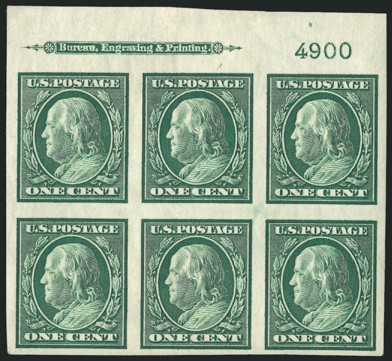 1c Green, Imperforate (343).> Sixteen imprint and plate no. blocks of six, plate nos. 4900 (top and bottom), 4902 (left and right), 4962 (left and right), 4971 (top, left and bottom), 4972 (all four), 4974
(top) and 4975 (top and bottom), some stamps