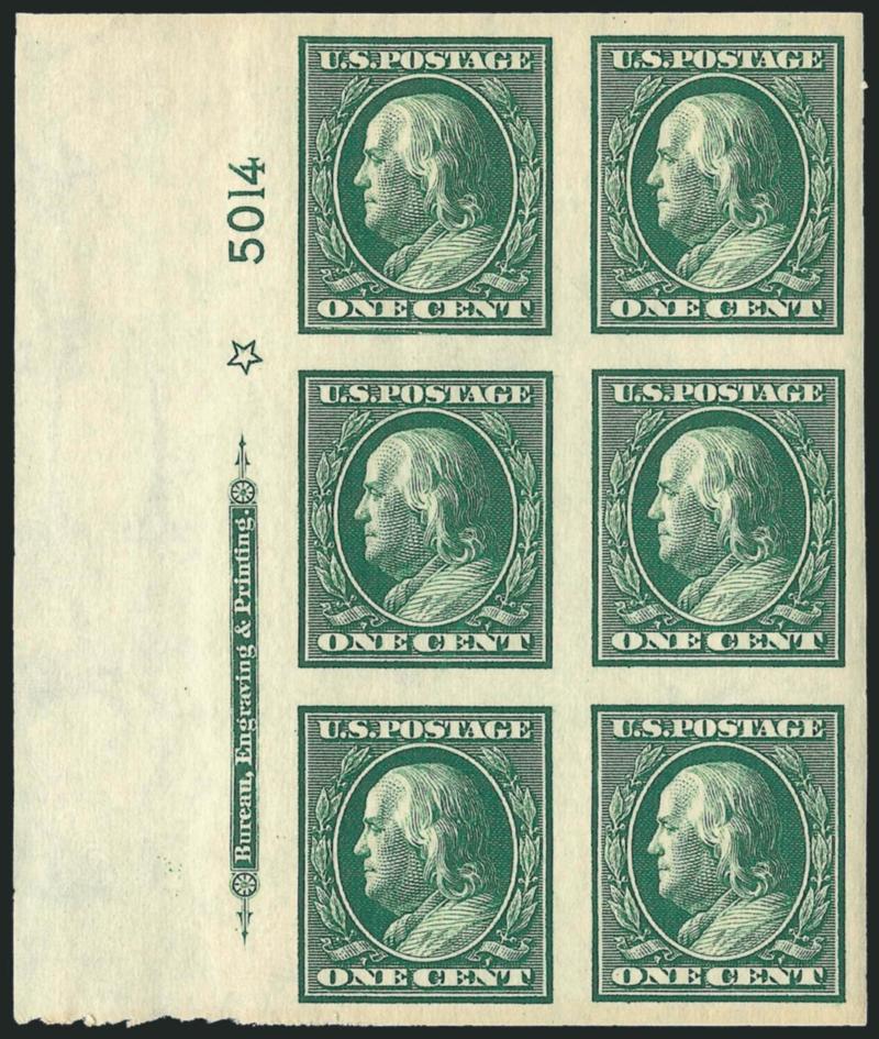 1c Green, Imperforate (343).> Thirteen Mint N.H. imprint, plate no. and star blocks of six, plate nos. 5006 (left and right), 5014 (bottom, left and right), 5024, 5084, 5089, 5152, 5159, 5162, 5227 and 5234,
large margins, rich colors, few with stron