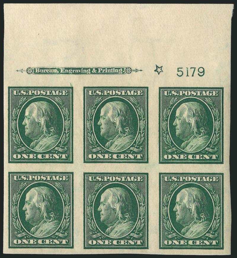 1c Green, Imperforate (343).> 20 imprint, plate no. and star blocks of six, plate nos. 5179 (top, left and bottom), 5180 (all four positions), 5227 (sides and bottom), 5232 (bottom and right), 5234 (sides and
bottom), 5242 (bottom and left), 5259 and