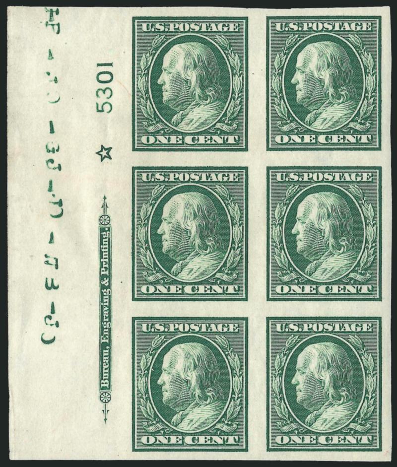 1c Green, Imperforate (343).> Ten Mint N.H. imprint, plate no. and star blocks of six, plate nos. 5259, 5301, 5313, 5320, 5345 (all four positions), 5352 and 5373, large margins, rich colors, few with natural
paper wrinkles, Very Fine group
