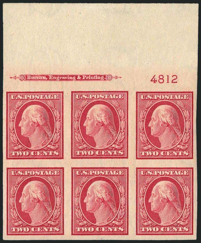 2c Carmine, Imperforate (344).> 20 imprint and plate no. blocks of six, plate nos. 4812 (all four positions), 4813, 4814 (bottom and sides), 4815 (top, bottom and left), 4818 (bottom and right), 4820, 4829 (top
and sides) and 4830 (bottom and sides),