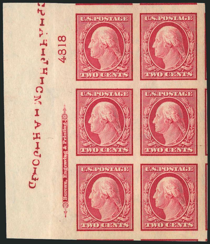 2c Carmine, Imperforate (344).> Ten Mint N.H. imprint and plate no. blocks of six, plate nos. 4818 (top and left), 4830, 4831, 4848 (all four positions), 4856 and 4864, large to huge margins, striking range of
shades from deep to bright, Very Fine-Ex