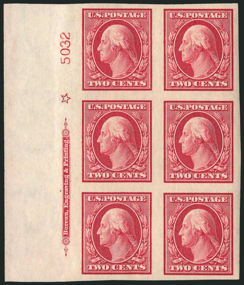 2c Carmine, Imperforate (344).> 20 Imprint, plate no. and star blocks of six, plate nos. 5021 (top and left), 5032 (sides), 5033, 5036 (top and left), 5114, 5119, 5129 (bottom and sides), 5133 (bottom and
left), 5134 (top and right), 5141 (top, botto