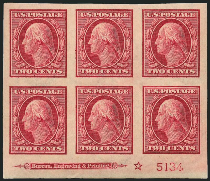 2c Carmine, Imperforate (344).> Ten Mint N.H. imprint, plate no. and star blocks of six, plate nos. 5117, 5123, 5134 (left and bottom), 5135 (top and right), 5141, 5156 (sides) and 5284, large margins, rich
colors, few natural gum wrinkles, Very Fine