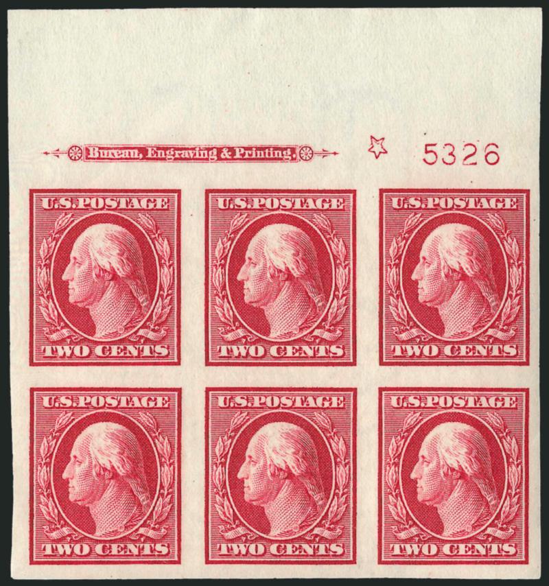2c Carmine, Imperforate (344).> 18 imprint, plate no. and star blocks of six, plate nos. 5312, 5314, 5326 (all four positions), 5361 (sides and bottom), 5363 (sides and bottom), 5365 (sides), 5367, 5368 and
5371 (right and bottom), few h.r., some sta