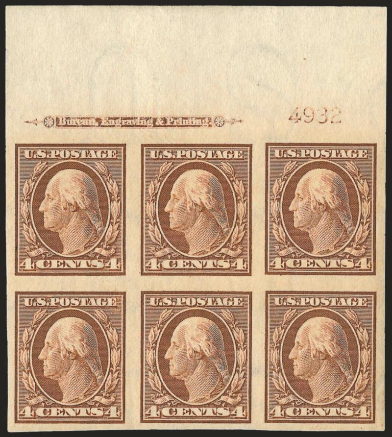 4c Orange Brown, Imperforate (346).> Matched set of four imprint and plate no. 4932 blocks of six, top Mint N.H., others h.r., large margins, bright colors, Very Fine and choice