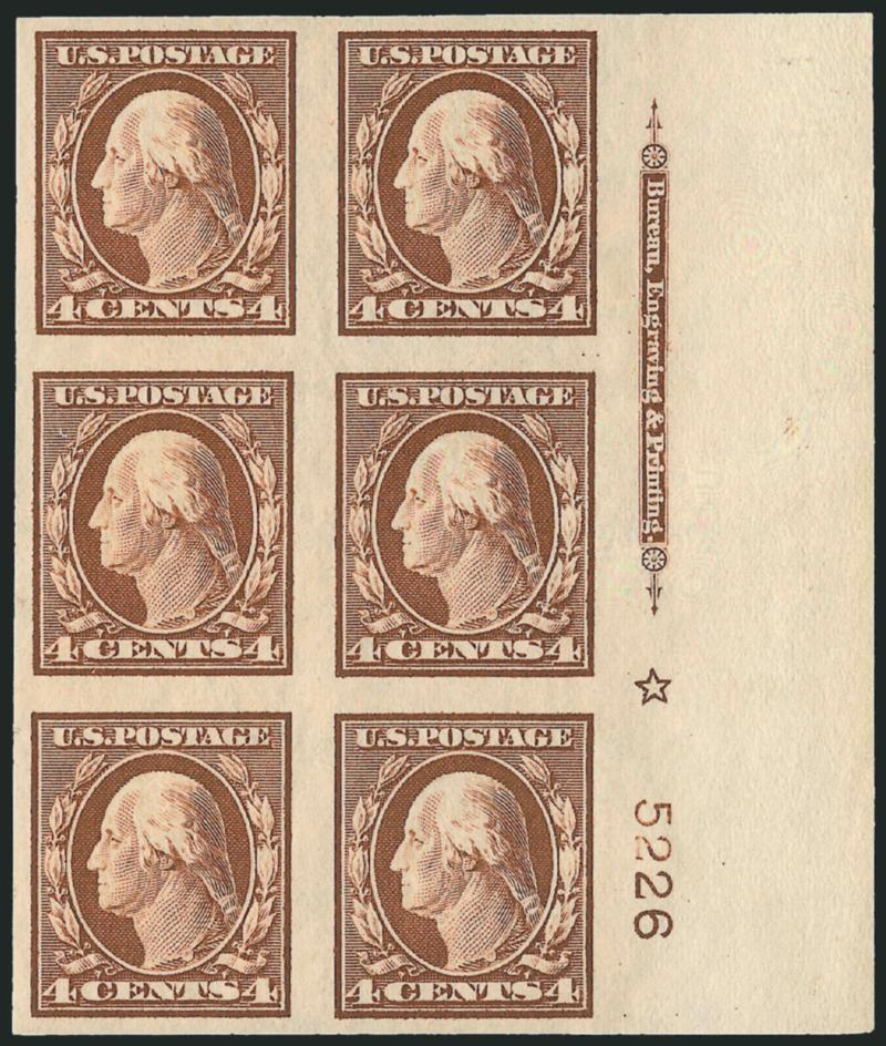4c Orange Brown, Imperforate (346).> Matched set of four imprint, plate no. 5226 and star blocks of six, lightly hinged, large margins, bright shades, top and bottom with natural paper creases, Very Fine