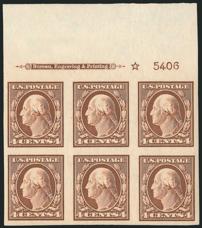4c Orange Brown, Imperforate (346).> Matched set of four imprint, plate no. 5406 and star blocks of six, top and right Mint N.H., others h.r. (bottom a bit heavily where also thinned), large margins, bright
colors, Very Fine appearance