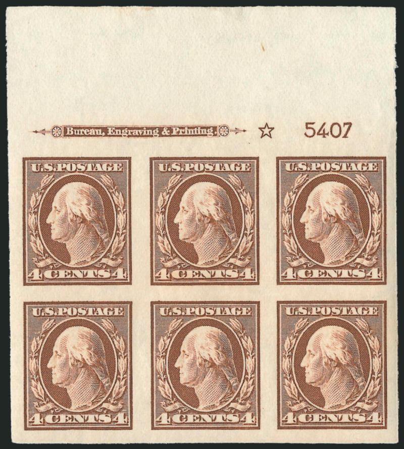 4c Orange Brown, Imperforate (346).> Matched set of four imprint, plate no. 5407 and star blocks of six, each with h.r., large to huge margins, bright colors, Very Fine-Extremely Fine, left with RWB
backstamp