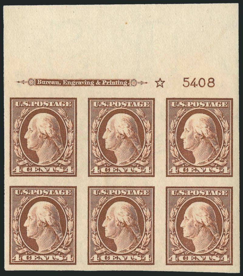 4c Orange Brown, Imperforate (346).> Matched set of four imprint, plate no. 5408 and star blocks of six, left Mint N.H., top and bottom h.r., large margins, crisp impressions, Very Fine
