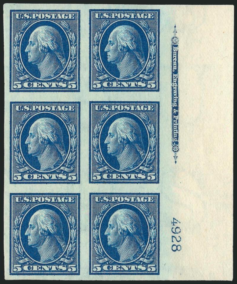 5c Blue, Imperforate (347).> Mint N.H. right imprint and plate no. 4928 block of six, huge margins, deep rich color and sharp proof-like impression, Very Fine-Extremely Fine