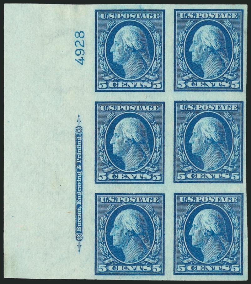 5c Blue, Imperforate (347).> Three items, top, bottom and left imprint and plate no. 4928 blocks of six, large margins, intense shade, left barely hinged, others small h.r. and some stamps Mint N.H., Very Fine
and choice