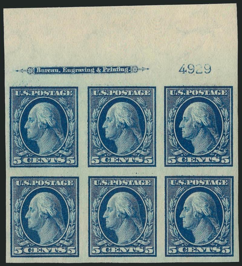 5c Blue, Imperforate (347).> Three items, top, bottom and left imprint and plate no. 4929 blocks of six, lightly hinged, bottom small h.r. in selvage where small tear, rich colors, Very Fine appearance