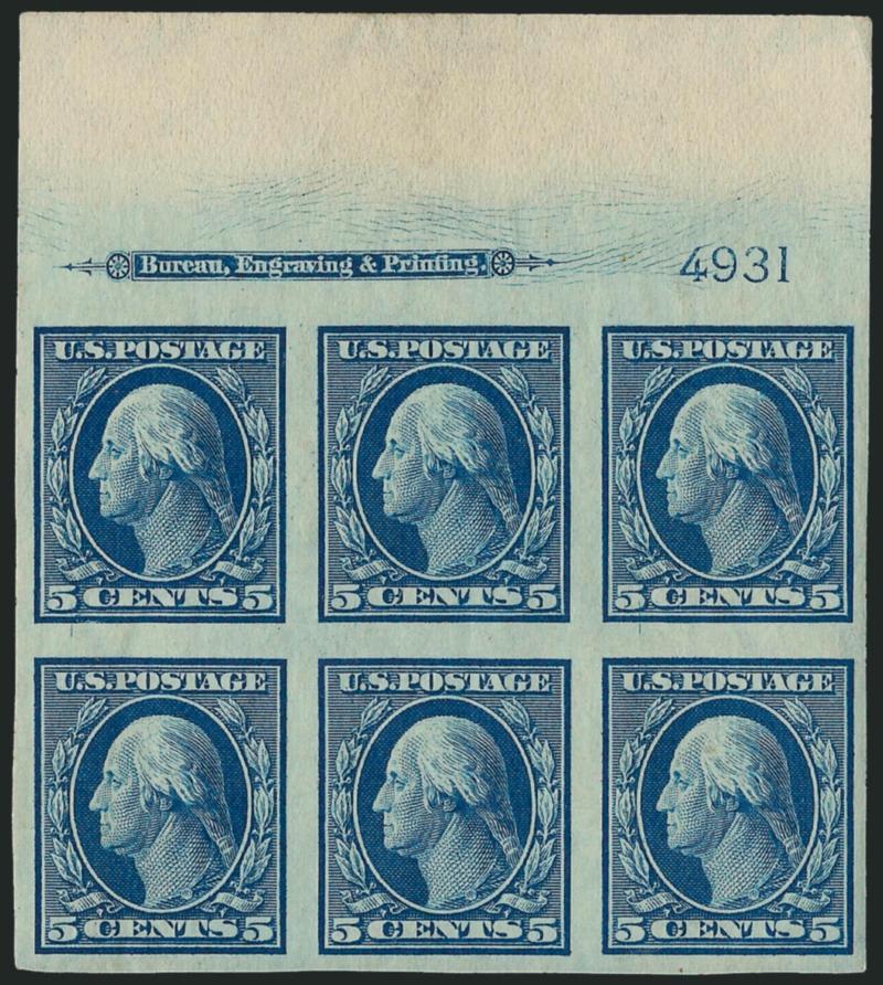 5c Blue, Imperforate (347).> Matched set of four imprint and plate no. 4931 blocks of six, bottom Mint N.H., large margins to full, left with few toned spots, otherwise Fine-Very Fine