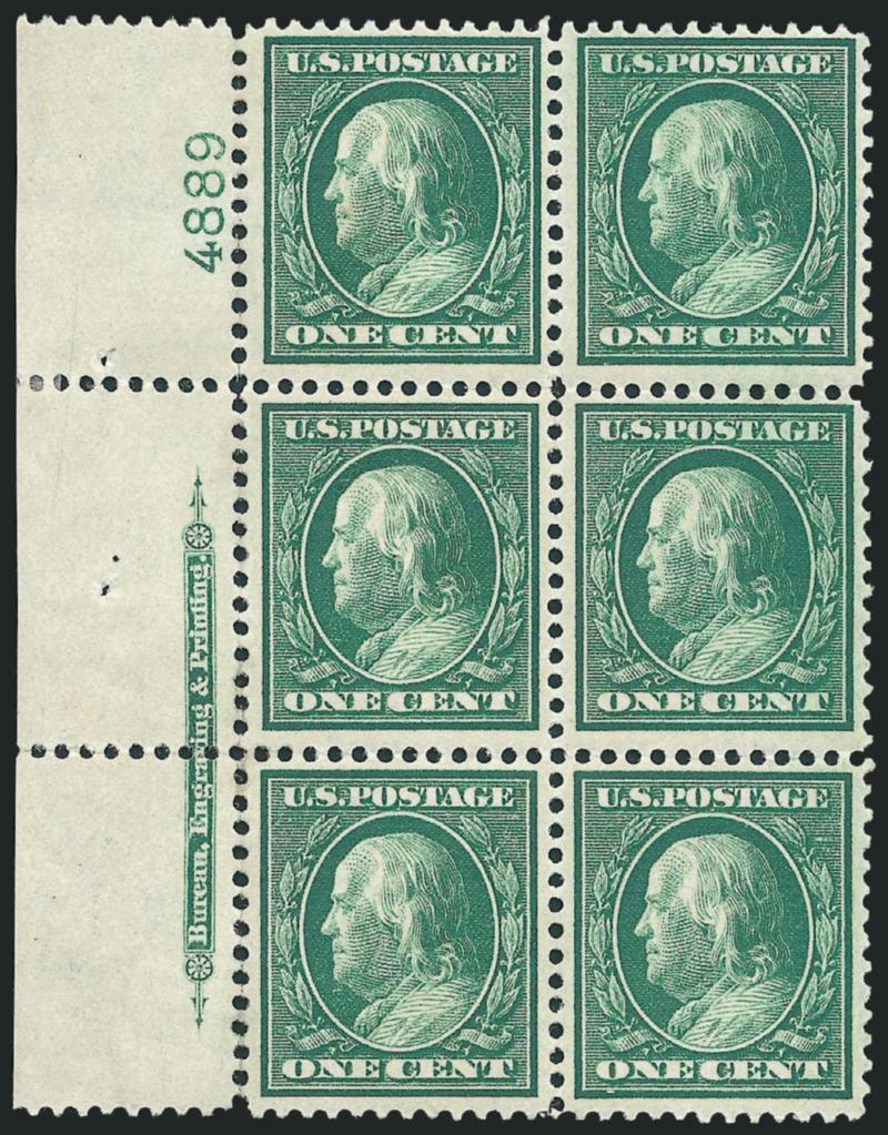 1c Green, Bluish (357).> Left imprint and plate no. 4889 block of six, right stamps almost appear Mint N.H., rich color on nicely blued paper, some perf separations, trivial gum soak at left, otherwise
Fine-Very Fine