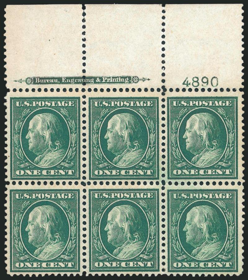 1c Green, Bluish (357).> Top imprint and plate no. 4890 block of six with wide selvage, rich color on deeply blued paper, few expertly rejoined perf separations not mentioned on accompanying certificate, Very
Fine, with 1986 P.F. certificate