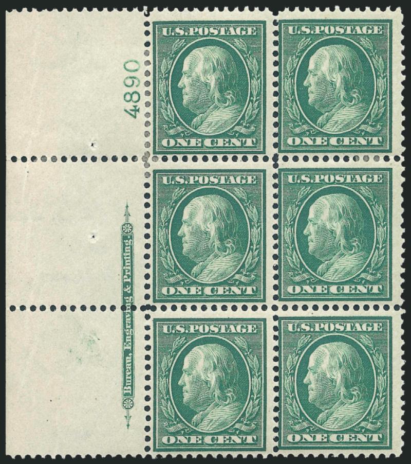 1c Green, Bluish (357).> Left imprint and plate no. 4890 block of six with wide selvage, bottom pair Mint N.H., others h.r., bright shade, Fine